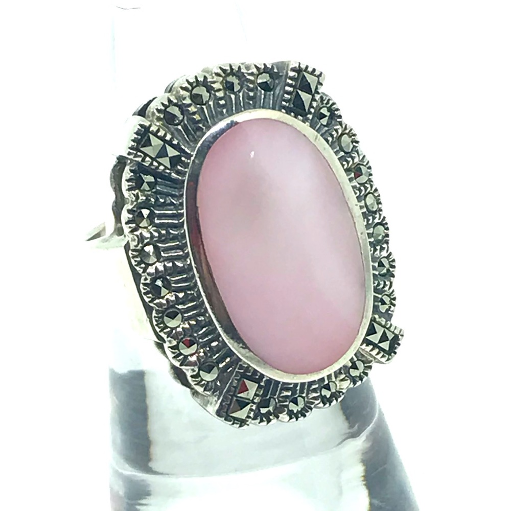 Sterling silver pink MOP marcasite ring size 7